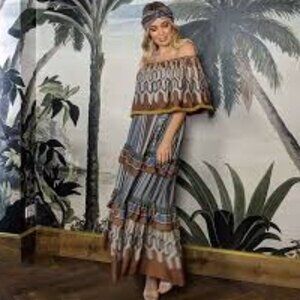 Anannasa Taj Printed Off Shoulder Fringes Ruffle Maxi Dress New L